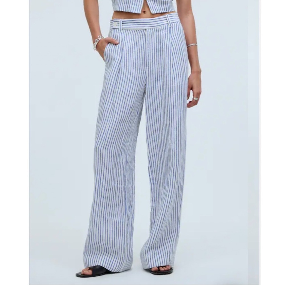 Madewell The Harlow Wide-Leg Pant 100% Linen Blue White Stripe